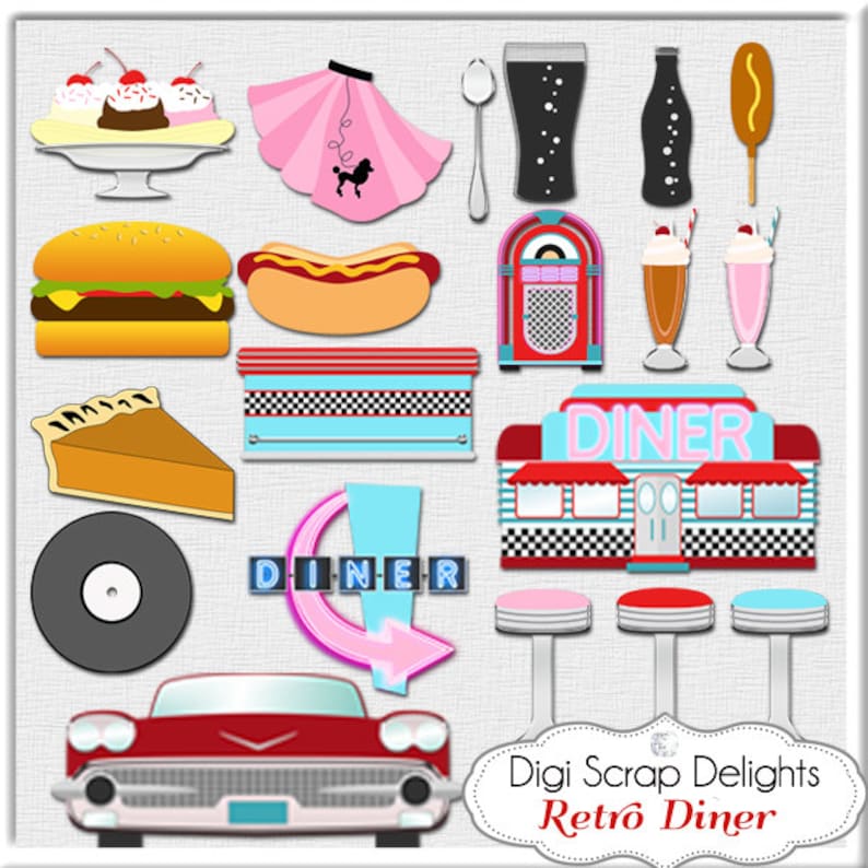 May include: Retro diner clip art set with images of a diner, car, jukebox, hot dog, hamburger, pie, milkshake, ice cream, spoon, soda, and a sign that says "Diner".