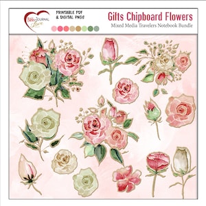 May include: A set of 12 printable chipboard flowers in various shades of pink, white, and green. The flowers are outlined in gold and have a watercolor effect. The text "Gifts Chipboard Flowers" and "Mixed Media Travelers Notebook Bundle" is at the top of the image.