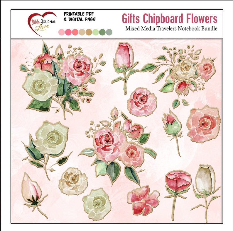 May include: A set of 12 printable chipboard flowers in various shades of pink, white, and green. The flowers are outlined in gold and have a watercolor effect. The text "Gifts Chipboard Flowers" and "Mixed Media Travelers Notebook Bundle" is at the top of the image.