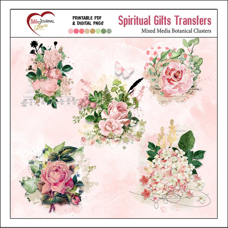 May include: Four digital paper clusters featuring pink roses, green leaves, and white flowers with a watercolor effect. The clusters are perfect for scrapbooking, card making, and other paper crafts.