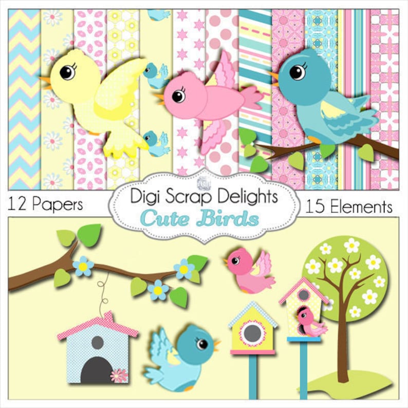 Cute Birds Clip Art Scrapbook Kit for Card Making, Webdesign, Crafts, Digital Scrapbooking, Instant Download image 1