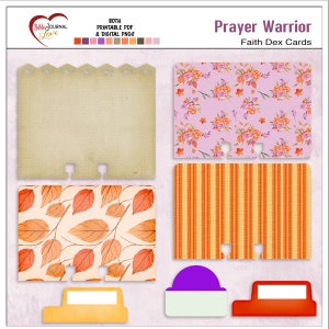 May include: Printable faith dex cards with the title "Prayer Warrior" and a floral pattern, a striped pattern, and a leaf pattern. The cards are designed to be used with a binder.