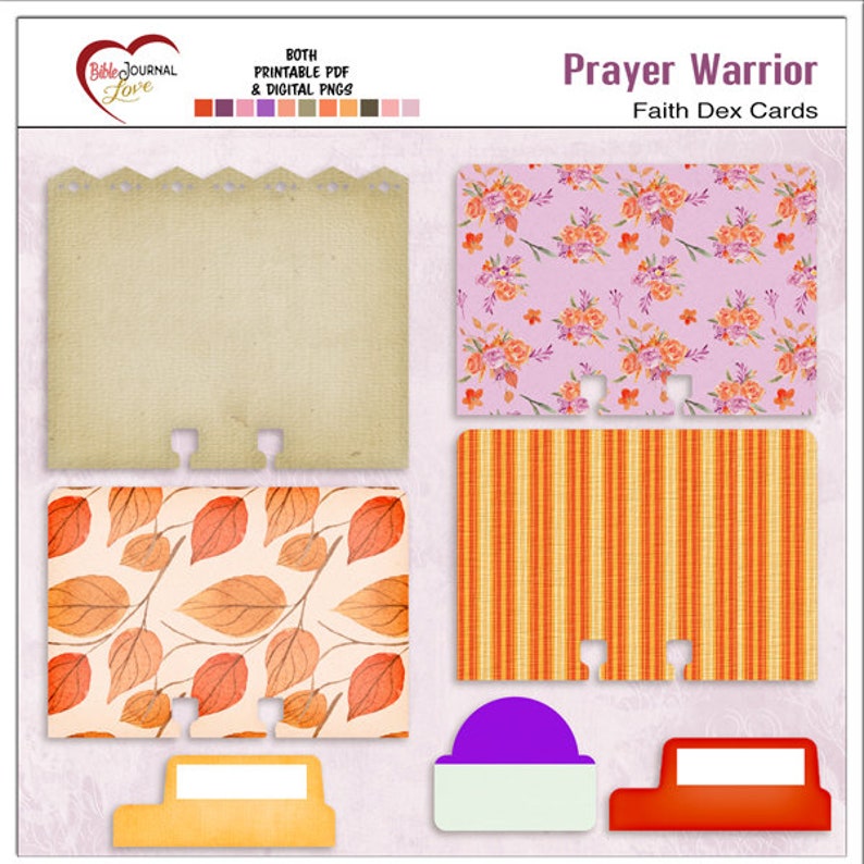 May include: Printable faith dex cards with the title "Prayer Warrior" and a floral pattern, a striped pattern, and a leaf pattern. The cards are designed to be used with a binder.