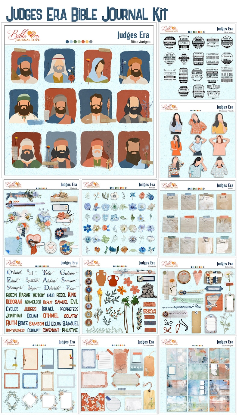 May include: A digital printable kit for Bible journaling with a Judges Era theme. The kit includes illustrations of people, flowers, frames, and other elements in blue, red, and brown colors. The text "Judges Era" appears multiple times throughout the kit.