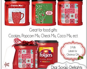 Printable Christmas Labels. Recycle Folgers Coffee Cans  DIY You Print 3 8.5x11 PDF, Instant Download