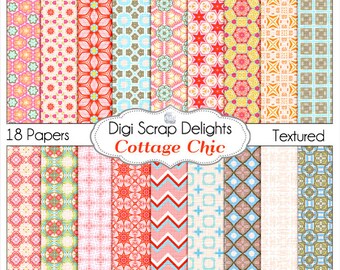 Cottage Chic Digital Scrapbook Paper, Instand Download, Crafts, Cards, Backgrounds, Commercial Use in Shabby Chic Pink, Orange, Blue