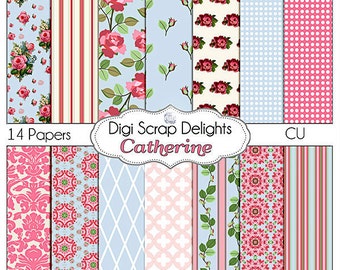 SALE 1.75 Shabby Chic Vintage Rose Papers Catherine (Cath Kidson, Style Digital Papers) for Digital Scrapbooking, Card Making