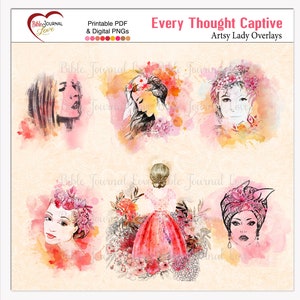 May include: A digital download of watercolor illustrations featuring women with floral crowns and a woman in a red dress with flowers. The illustrations are in a pink and orange color scheme and have the text "Every Thought Captive" and "Artsy Lady Overlays".