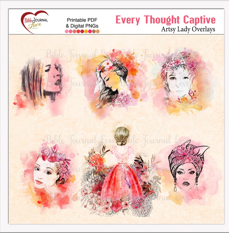 May include: A digital download of watercolor illustrations featuring women with floral crowns and a woman in a red dress with flowers. The illustrations are in a pink and orange color scheme and have the text "Every Thought Captive" and "Artsy Lady Overlays".