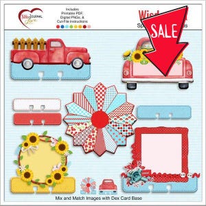 Set di carte Memory Dex uniche n. 1: Dresda, camioncino retrò, cornice a grappolo e ghirlanda di girasoli rossa e acqua