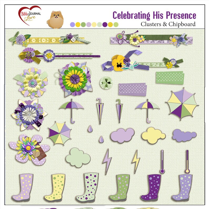 K&ouml;nnte beinhalten: Digitales Scrapbook-Papier mit einem Farbschema in Lila, Gelb und Gr&uuml;n. Das Papier zeigt eine Vielzahl von Bildern, darunter Blumen, Regenschirme, Wolken, Blitze und Gummistiefel. Der Text "Celebrating His Presence" befindet sich oben auf dem Papier.