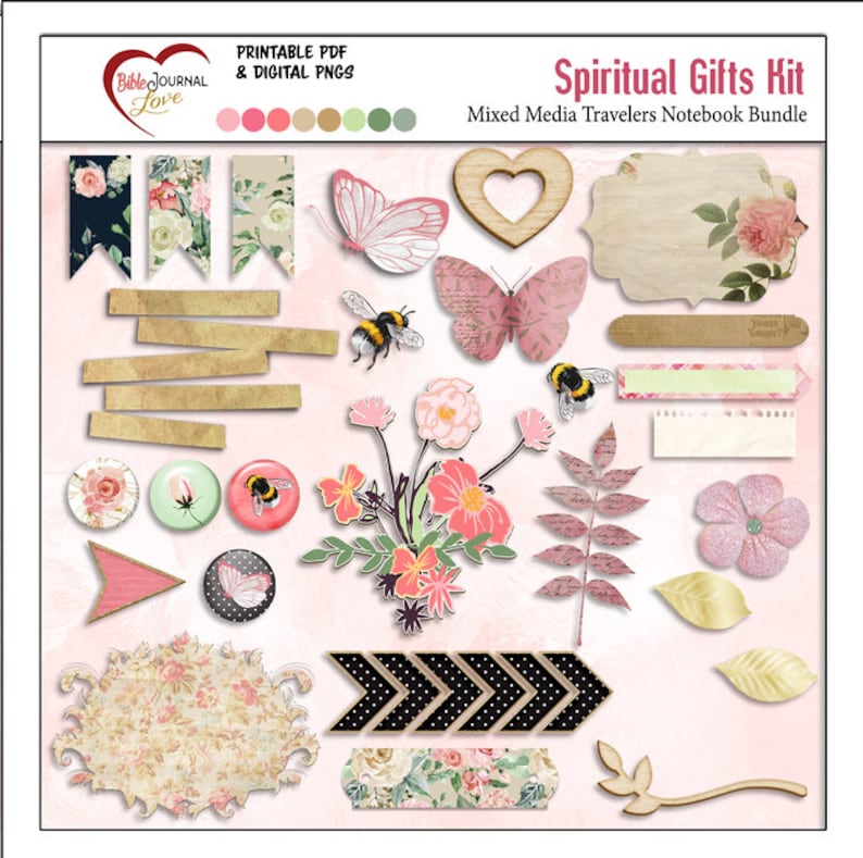 May include: A digital printable kit for mixed media travelers notebooks with a pink and green floral theme. The kit includes butterflies, bees, arrows, hearts, flowers, leaves, and banners. The text "Spiritual Gifts Kit" and "Mixed Media Travelers Notebook Bundle" is included in the image.