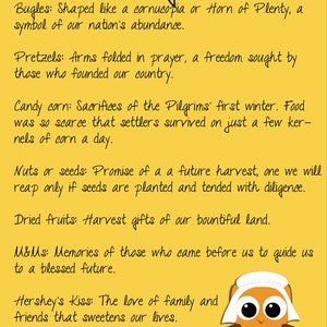 May include: A yellow background with white polka dots features a cartoon owl with a white bonnet. The text "Blessing Mix" is at the top of the image. The text below describes the meaning of different types of candy, including bugles, pretzels, candy corn, nuts, dried fruit, M&Ms, and Hershey's Kisses.
