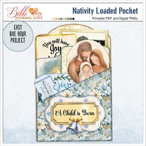 Puede incluir: Un diseño de bolsillo cargado de la Natividad con el texto "A Child is Born". El diseño incluye ilustraciones de la Sagrada Familia, un billete que dice "Follow the Star" y las palabras "You will have Joy". El diseño es un PDF imprimible y PNG digitales.