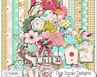 Springtime Digital Scrapbook Kit w Birds, Birdhouses, Butterflies, & Lady Bugs in Pink, Green, Yellow, Instand Download