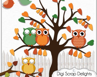 Autumn Owls Clip Art, Fall, Thanksgiving Scrapbooking, Autumn  Colors Brown, Gold, Oranges, Instant Download