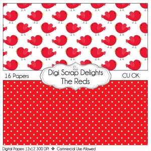 SALE 1.75 Reds Digital Papers for Scrapbooking Card Making, Photo Backgrounds birds, polka dots,and quatrefoil image 2