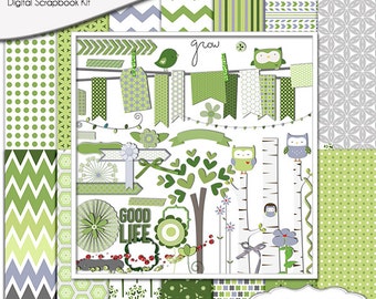 Green & Gray Digital Scrapbook Kit for Scrapbooking, Card Making, Owls, Grow, Spring, Instant Download