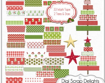 ClipArt di Natale: nastro adesivo Washi stampabile, clip art rosso, verde, alberi di Natale, Chevron, percalle, quadrifoglio, scrapbooking digitale, istantaneo