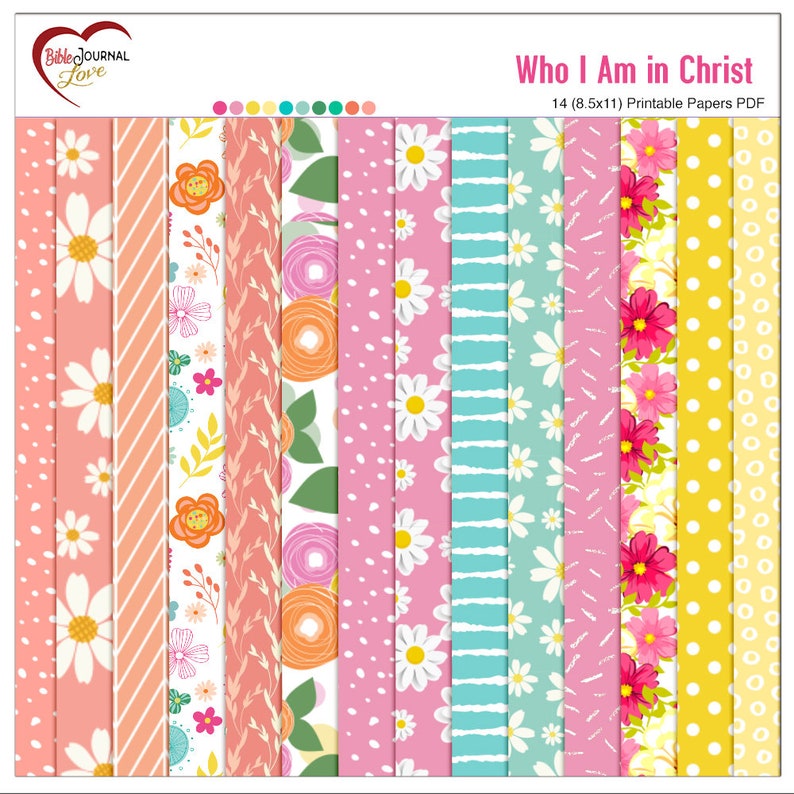 Peut inclure: 14 papiers num&eacute;riques imprimables avec des motifs floraux dans des tons de rose, jaune et bleu. Les papiers sont con&ccedil;us pour &ecirc;tre utilis&eacute;s dans le scrapbooking, la fabrication de cartes et autres travaux manuels en papier. Le titre "Who I Am in Christ" est affich&eacute; en haut de l'image.