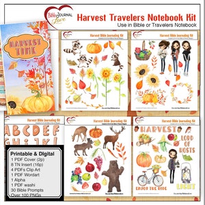 May include: A digital printable kit for Bible journaling with a harvest theme. The kit includes over 100 PNG images, 30 Bible prompts, and a variety of clip art, word art, and alphabet letters. The images feature pumpkins, sunflowers, leaves, and other fall-themed elements.