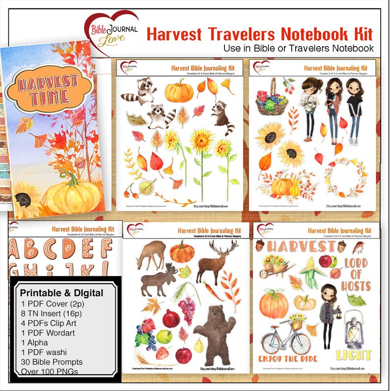 May include: A digital printable kit for Bible journaling with a harvest theme. The kit includes over 100 PNG images, 30 Bible prompts, and a variety of clip art, word art, and alphabet letters. The images feature pumpkins, sunflowers, leaves, and other fall-themed elements.