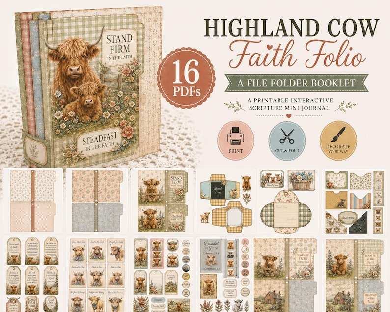 Highland Cow Faith Folio printable kit, 16 PDFs