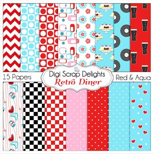 May include: A set of 15 digital scrapbook papers in red, aqua, black, white, and pink featuring retro diner themed patterns. The patterns include checkered, polka dot, chevron, and geometric designs. The text "Digi Scrap Delights Retro Diner Red & Aqua" is included in the image.