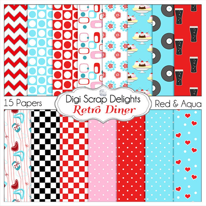 May include: A set of 15 digital scrapbook papers in red, aqua, black, white, and pink featuring retro diner themed patterns. The patterns include checkered, polka dot, chevron, and geometric designs. The text "Digi Scrap Delights Retro Diner Red & Aqua" is included in the image.