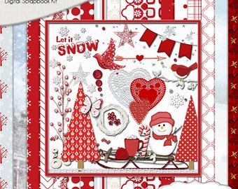 Digital & Printable Snow Scrapbook Kit, Red and White Snow Winter Digital Clip Art, Papers Snowman, CoCoa, Sled, Trees