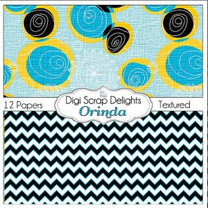 SALE 1.75 Digital Scrapbooking: Orinda Digital Scrapbook Paper in Blue & Yellow Gold Floral, Chevron, Quatrefoil, Instant Download image 4