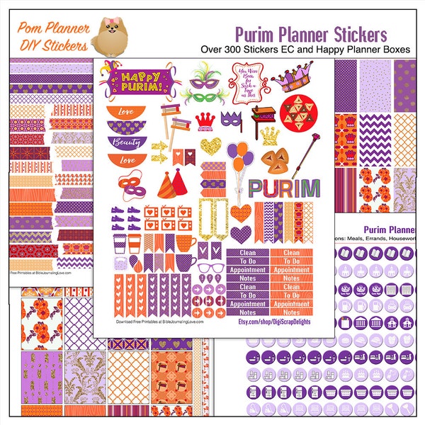 Purim Printable Planner Sticker Kit in 5 PDF  Purple, Orange, Red  Over 300 Stickers Crown, Masks, Scepter,  Esther,