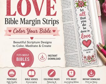 Love Bible Journaling Margin Strips for Coloring (Printable & Digital). Fits Bibles and Planners