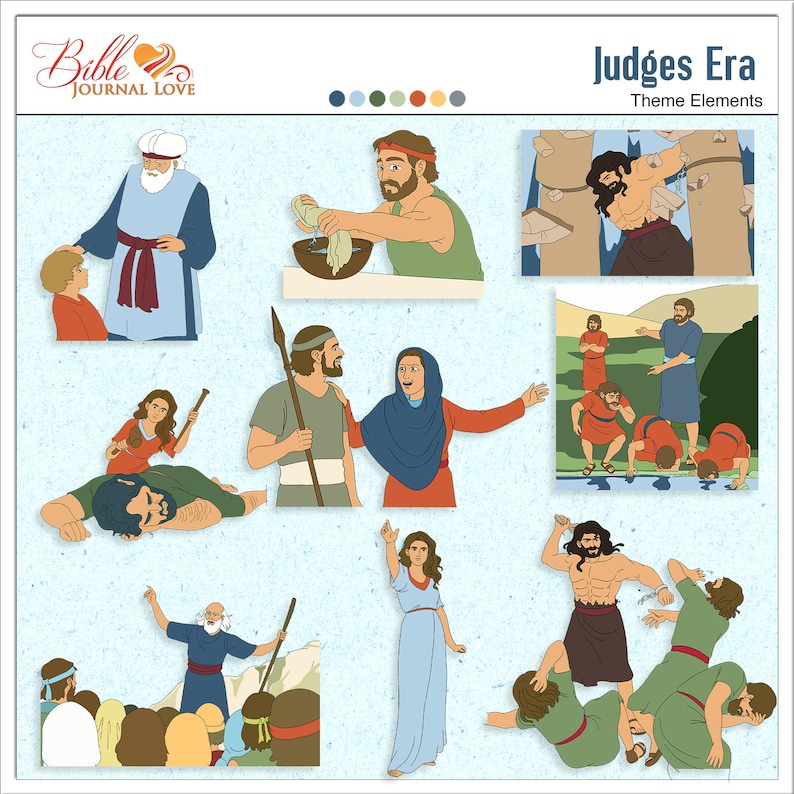 May include: Illustrated scenes from the Judges Era of the Bible. The scenes depict various stories from the book of Judges, including Samson, Gideon, and Deborah. The illustrations are colorful and detailed, and they are sure to be a great resource for anyone studying the Bible.