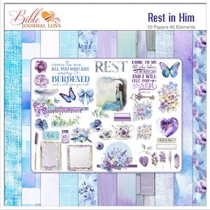 Pode incluir: Um pacote de papel digital com 10 papéis e 40 elementos com um esquema de cores azul e roxo. Os papéis têm uma variedade de texturas e padrões, incluindo desenhos florais, aquarela e geométricos. Os elementos incluem flores, borboletas, chaves e outros elementos decorativos. O texto "Rest in Him" aparece nos papéis e elementos.
