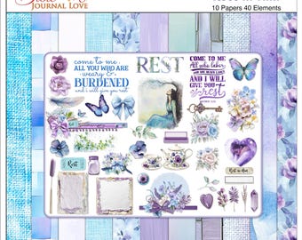 Rest in Him Bible Journaling Kit - Digital Download with Scripture Art, Floral Elements, and Inspirational Backgrounds Blue & Purple