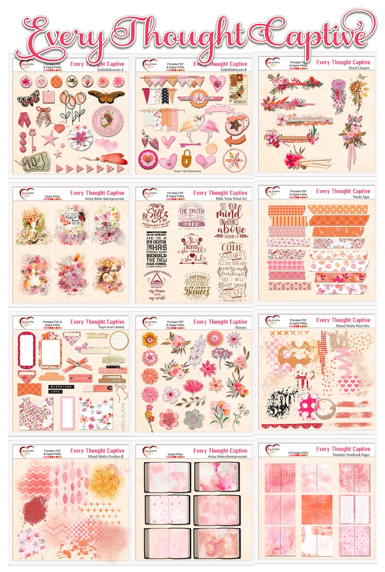 May include: A digital scrapbooking kit with pink and orange floral designs, text, and patterns. The kit includes embellishments, backgrounds, word art, tags, labels, and more. The kit is titled "Every Thought Captive".