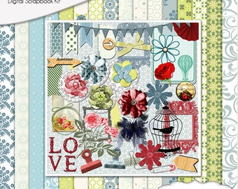 Heavenly Vintage Digital Scrapbook Kit Romantic Cottage Chic in Blue, Green, Red,  Instant Download. Limited CU
