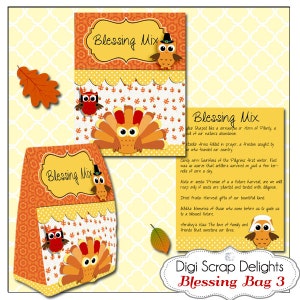 May include: A printable Thanksgiving-themed craft project for a blessing bag. The design features a turkey with an owl on its head, and the text "Blessing Mix" in a yellow banner. The bag is decorated with orange and yellow polka dots and a brown and orange leaf pattern.