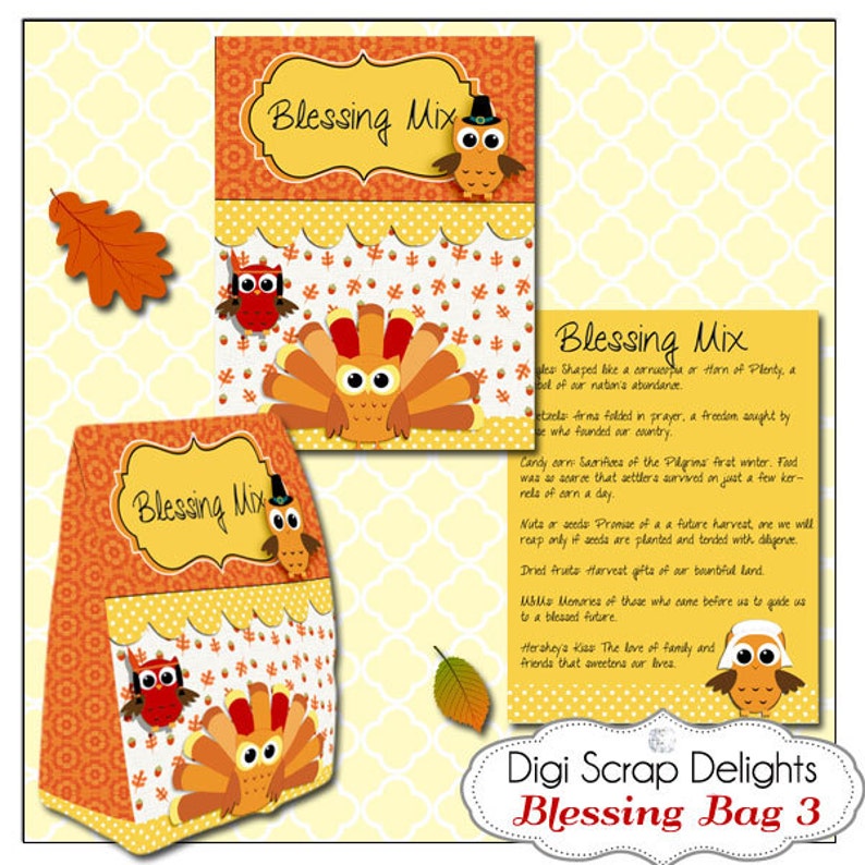 May include: A printable Thanksgiving-themed craft project for a blessing bag. The design features a turkey with an owl on its head, and the text "Blessing Mix" in a yellow banner. The bag is decorated with orange and yellow polka dots and a brown and orange leaf pattern.