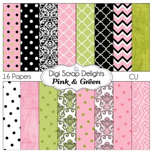 Pink & Green Digital Paper: Damask, Chevron, Quatrefoil (Instant Download)