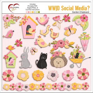 May include: A collection of die-cut chipboard shapes featuring pink birdhouses, yellow and pink birds, a gray rabbit, a black cat, a hedgehog, butterflies, and floral arrangements. The text reads Bible Journal Love and WWJD Social Media?