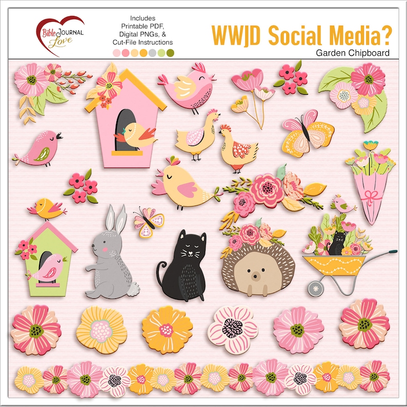 May include: A collection of die-cut chipboard shapes featuring pink birdhouses, yellow and pink birds, a gray rabbit, a black cat, a hedgehog, butterflies, and floral arrangements. The text reads Bible Journal Love and WWJD Social Media?
