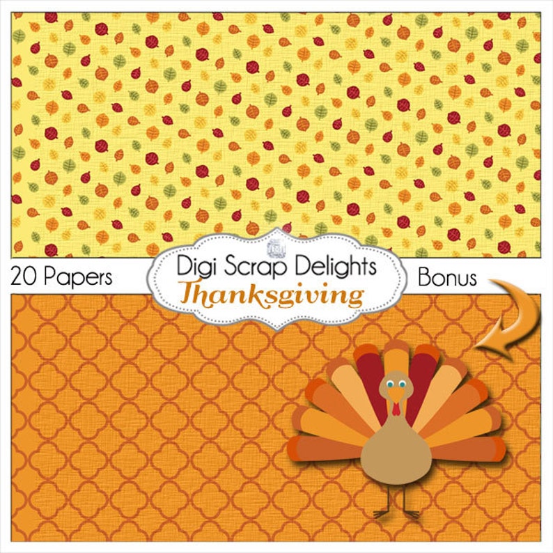 Thanksgiving Digital Papers w Turkey, Pilgrim, Pumpkin, for Digital Scrapbooking, Fall Cards, Crafts, Orange, Yellow, Teal Instant Download image 4