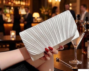 Pleated Rhinestone Evening Clutch Bag, Crystal Bridal Purse with Chain Strap