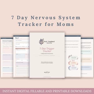 Könnte beinhalten: Ein 7-Tage-Nervensystem-Tracker für Mütter, bestehend aus einem digitalen Dokumentenset mit einer Titelseite, täglichen Protokollen und Analysebereichen. Die Seiten enthalten sanfte Pastellfarben, florale Symbole und Textfelder.