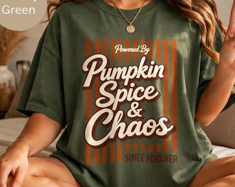 Fall shirt retro, Pumpkin Spice & Chaos graphic tee, funny PSL coffee lover t-shirt, autumn vibes top, unisex comfy cotton