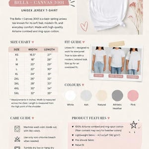 Puede incluir: Una gu&iacute;a de tallas, colores y cuidado para la camiseta unisex Bella + Canvas 3001. La infograf&iacute;a incluye una tabla de tallas con medidas en pulgadas, una gu&iacute;a de ajuste, muestras de colores, instrucciones de cuidado y caracter&iacute;sticas.