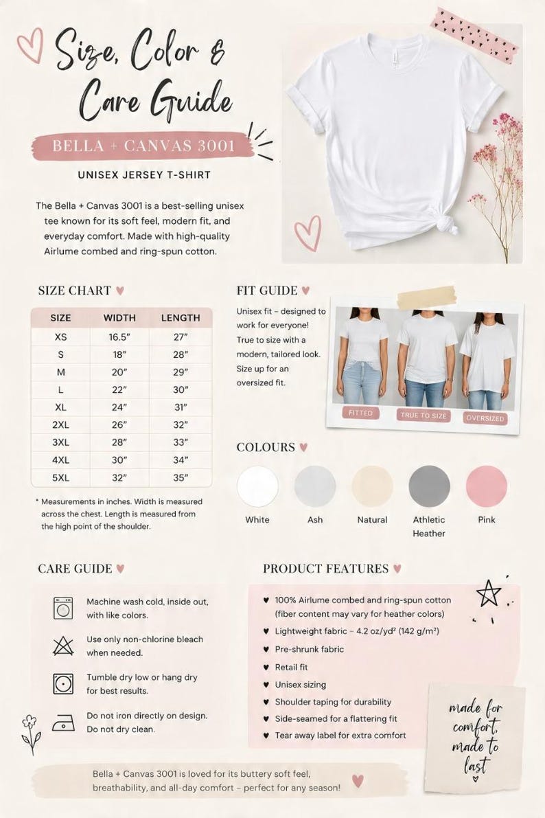 Puede incluir: Una gu&iacute;a de tallas, colores y cuidado para la camiseta unisex Bella + Canvas 3001. La infograf&iacute;a incluye una tabla de tallas con medidas en pulgadas, una gu&iacute;a de ajuste, muestras de colores, instrucciones de cuidado y caracter&iacute;sticas.