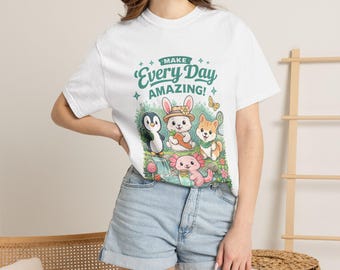 Camiseta com estampa de bichinhos da floresta | Pinguim, coelho, corgi e axolote